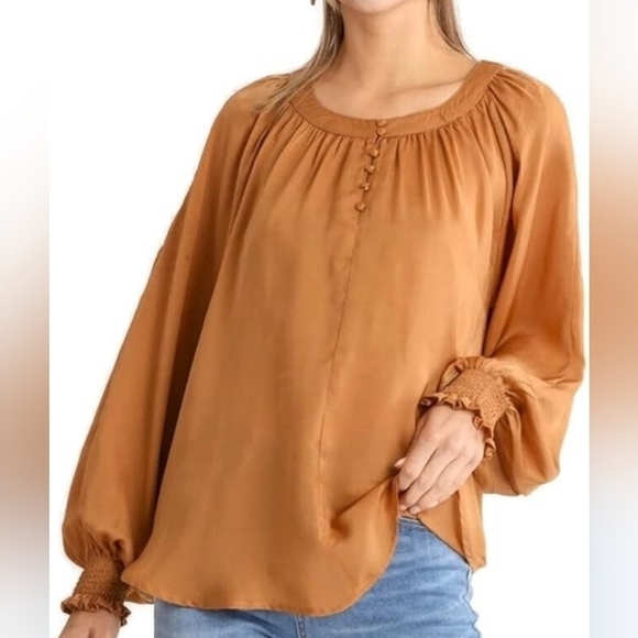 Umgee Peasant Blouse Large NWT Fall Neutral Cottagecore - Picture 2 of 9